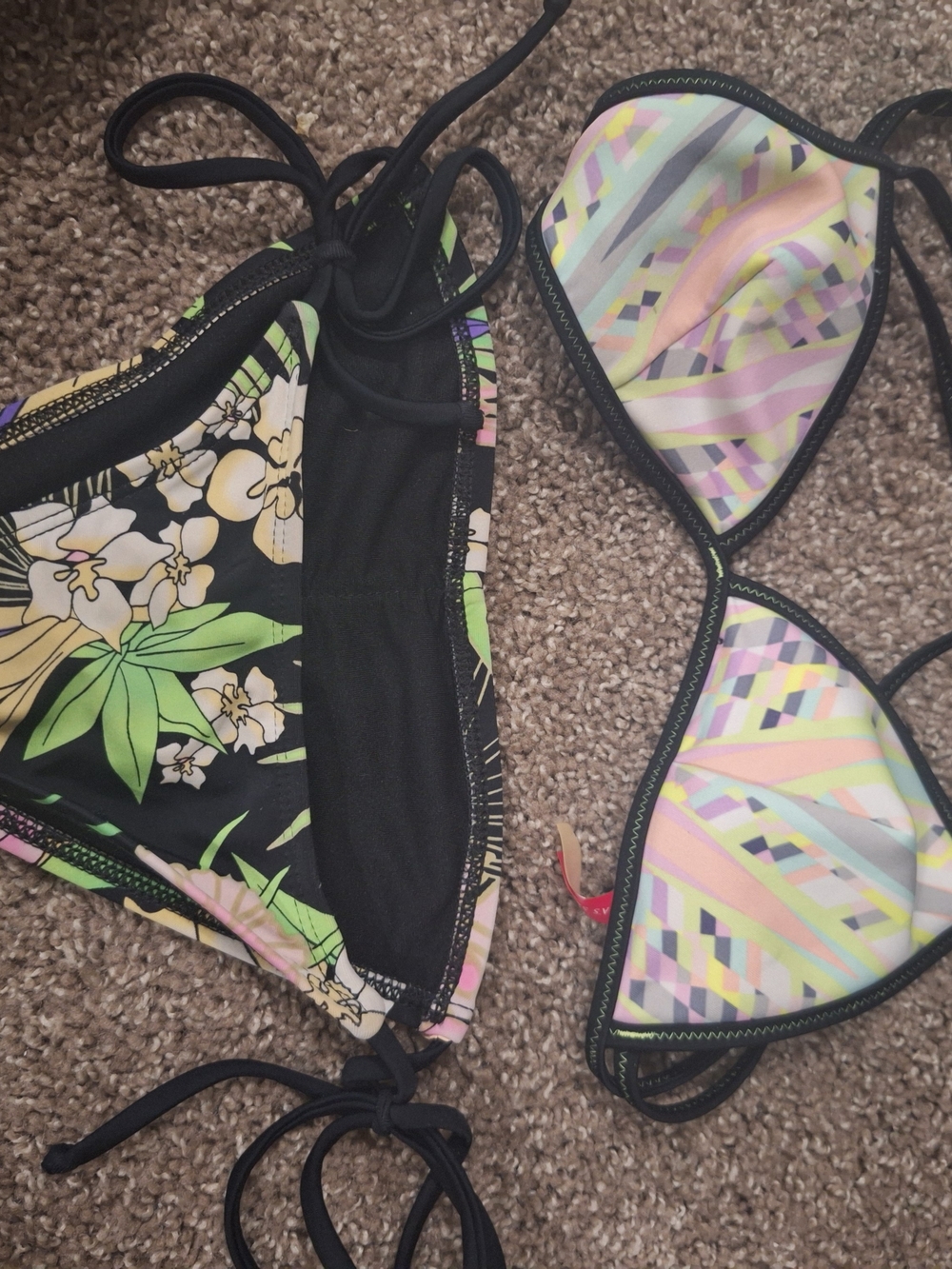 Victoria's Secret Black Floral & Pastel Stripe Bikini Set